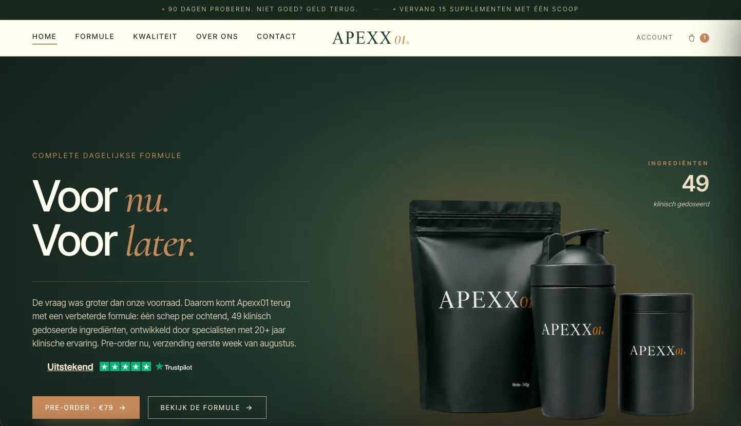 Apexx01 homepage, versie 3, live sinds 2026