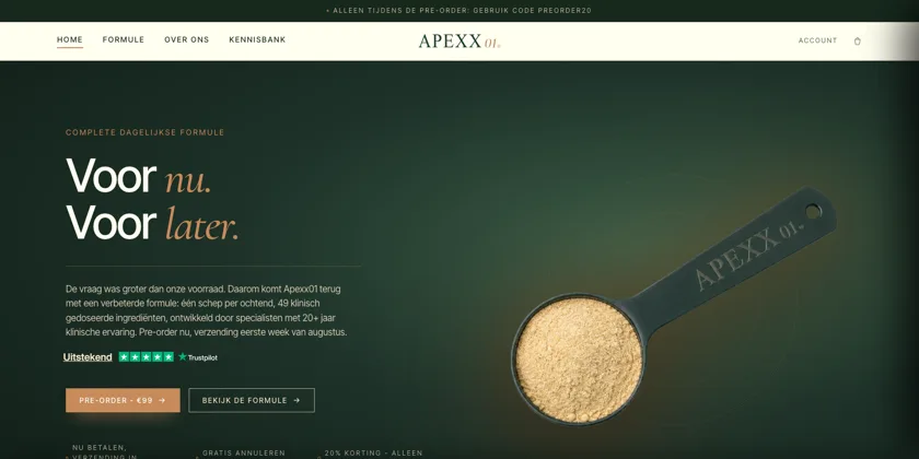 Homepage van het Apexx01 Shopify-platform